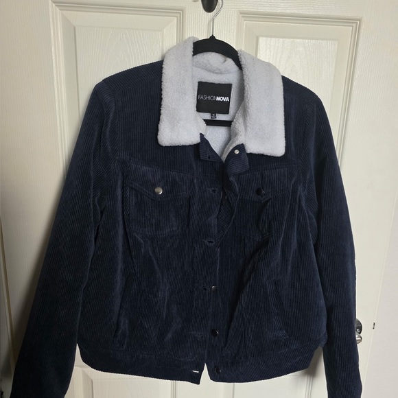Fashion Nova Jackets & Blazers - Fashion Nova Dark Blue Corduroy Jacket with Soft White Collar
